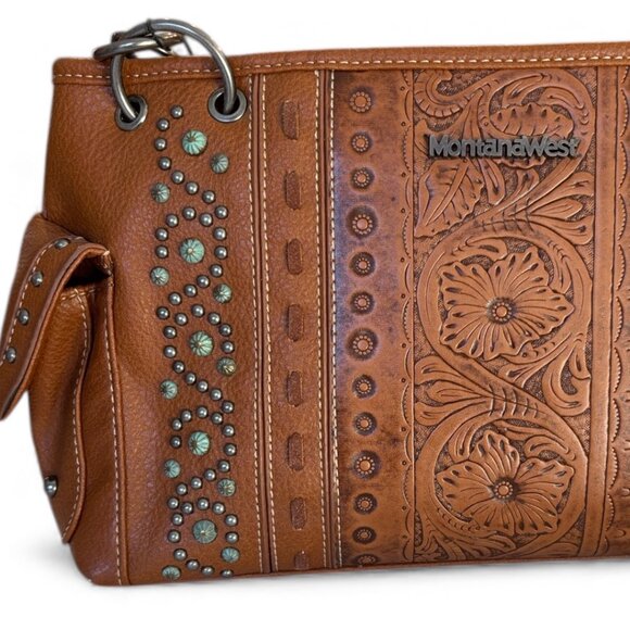 Montana West Embossed Brown Satchel Floral Studded Western Style Handbag NWT - Picture 11 of 14